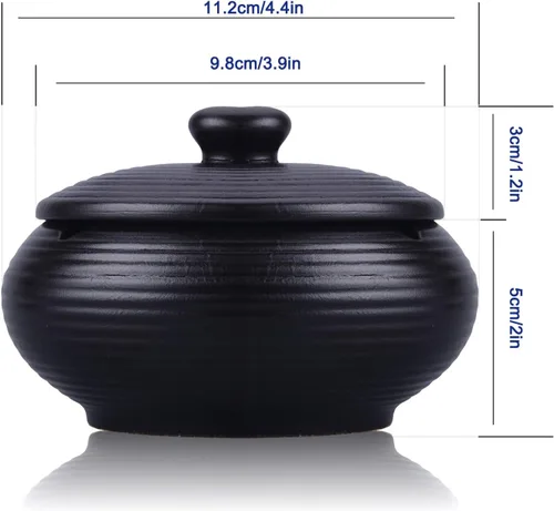 Vista 2 de LAUYOO Cenicero de cerámica con tapa, impermeable, ceniceros para cigarrillos al aire libre, soporte para cenizas de cigarros para fumadores, Negro