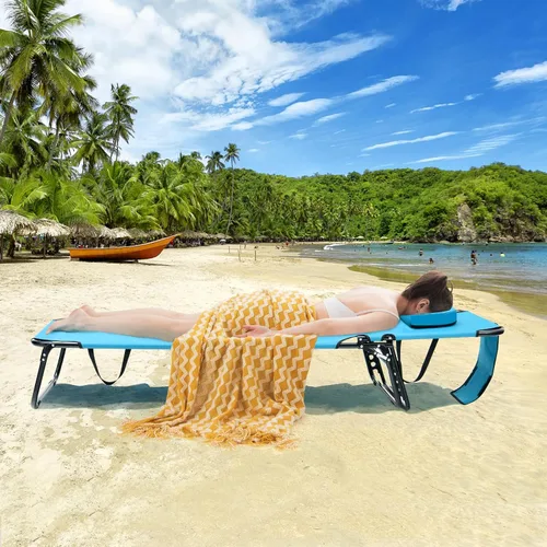 Vista 7 de GYMAX Silla de bronceado, silla de playa de 350 libras con agujero para la cara, almohada lavable y correa de transporte, tumbona plegable