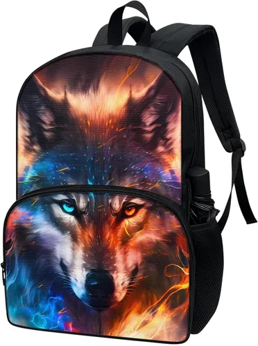 Vista 2 de Mochila genial para niños, mochila de lobo, mochila negra grande de 17 pulgadas, perfecta para 6 a 14 años, Fire and Ice