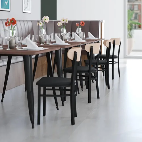 Vista 7 de Flash Furniture Wright - Silla de comedor comercial, respaldo de madera con acabado de abedul natural, asiento de vinilo negro, 500 libras