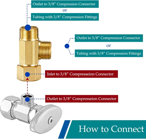 Vista 4 de Adaptador Divisor de Línea de Agua T Válvula - Conector de Línea de Suministro de Inodoro de Lavavajillas de Latón con Acoplamientos de Compresión T
