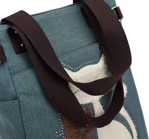 Vista 5 de KAUKKO Women Canvas Handbag Shoulder Bag Cat Big Tote Bag
