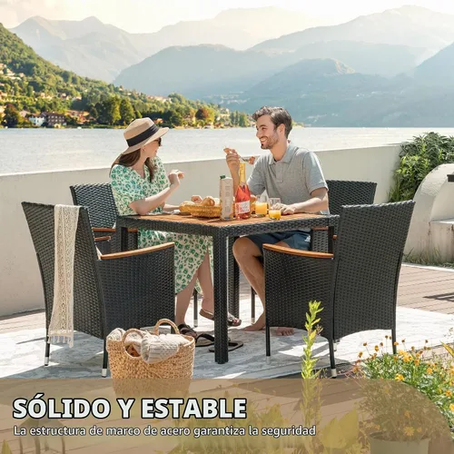 Vista 6 de Devoko - Juego de comedor de madera de acacia, 5 piezas, ratán negro