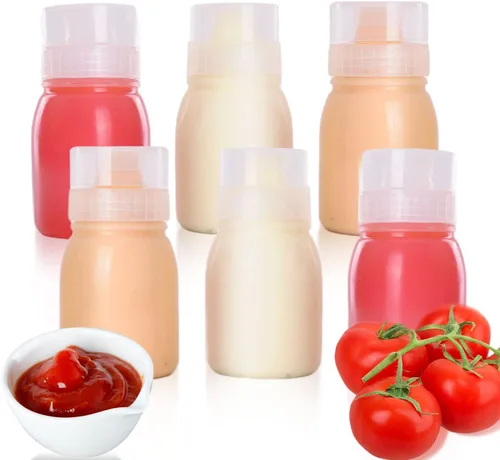 Vista 3 de Botellas exprimibles porosas de condimentos, recipiente pequeño para aderezo para ensaladas y salsa, botella multiboquilla, 6 piezas, 6 onzas, 5