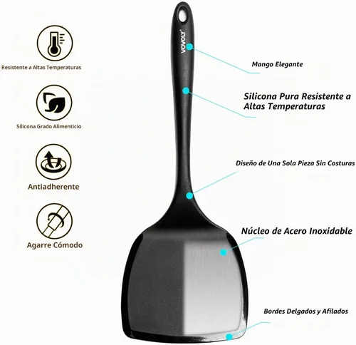 Vista 3 de Espátula volteadora de silicona para panqueques con mango alargado y diseño sin costuras, espátulas de cocina resistentes al calor para utensilios