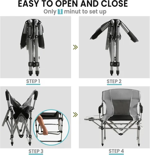 Vista 3 de SHALLWE Sillas de director de gran tamaño, sin montaje, silla plegable resistente con mesa auxiliar para campamento, sillas plegables