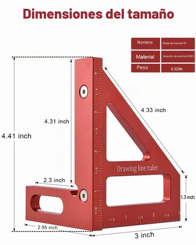Vista 2 de Imperial 3D Multi-ángulo Regla de Medición,45/90 Grados Aleación de Aluminio Carpintería Cuadrado Transportador Cuadrado, Regla Triángulo Inglete