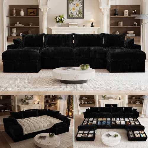 Vista 10 de Sofá modular sin hueso de 122 pulgadas con almacenamiento, sofá nube en forma de U con asiento extra profundo, sofás seccionales de pana de 6 plazas