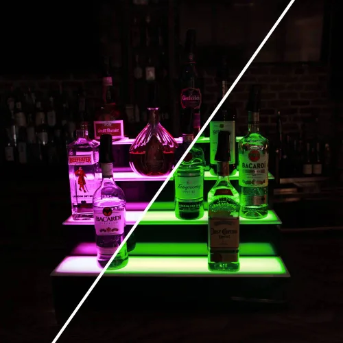 Vista 5 de BARCONIC® Estante de exhibición LED para botellas de licor, perfil bajo, 4 niveles (escalón), 18 pulgadas