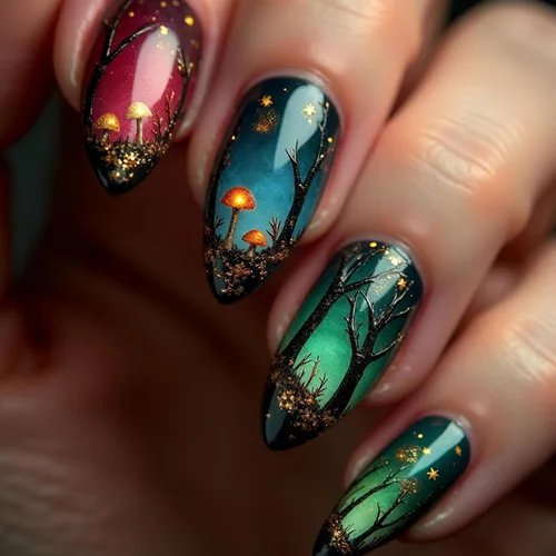 Vista 24 de Uñas postizas a presión para Halloween, cuadradas, cortas, con diseños de bosque lunar, uñas postizas con pegamento oscuro brillante en las uñas