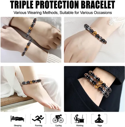 Vista 4 de HOZEAL Pulsera de triple protección, brazalete de obsidiana negra con ojo de tigre y hematita para hombres y mujeres para traer suerte