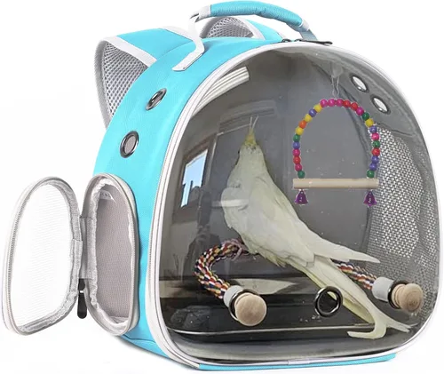 Vista 16 de Jaula portátil de viaje para loros con juguete pequeño oscilante y jaula de juguetes coloridos, bolsa de periquito para pájaros pequeños con bolsa