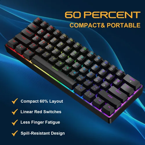 Vista 5 de BlueFinger Combo de teclado y mouse mecánicos para juegos 60% – Teclado RGB con retroiluminación arcoíris de 61 teclas con interruptor rojo y 4 DPI