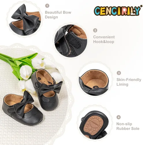 Vista 4 de CENCIRILY Zapatos planos Mary Jane para bebés y niñas, antideslizantes, suela suave, para antes de caminar, zapatos de vestir de boda