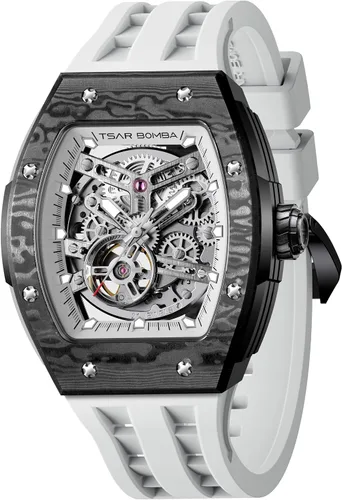 Vista 24 de Tsar Bomba Men's Automatic Watch Tonneau Luxury Skeleton Watch for Men Mechanical 50M Waterproof Wristwatch Gift for Men 08tc-whi