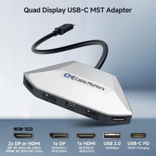 Vista 2 de Cable Matters Adaptador USB C MST de pantalla cuádruple 4K, HDMI/DP de doble función Windows Only, 4x 4K@60Hz, 140W Charging, USB C Hub Dual