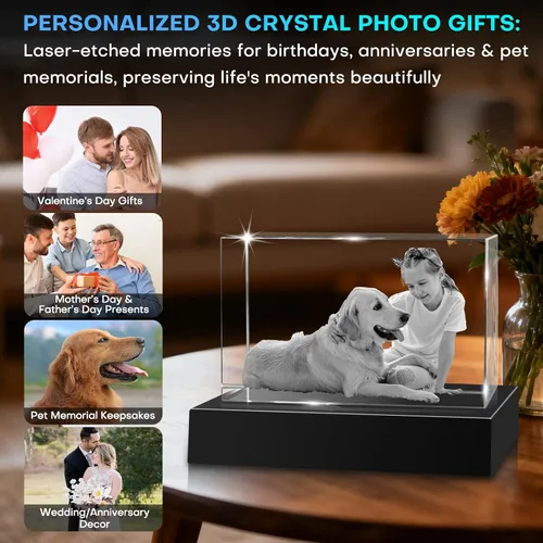 Vista 4 de Marco de Fotos Personalizado de Cristal 3D Rectangular Pequeño (Horizontal) – Premium: Base LED Multicolor, Envoltorio para Regalo y Tarjeta 3D