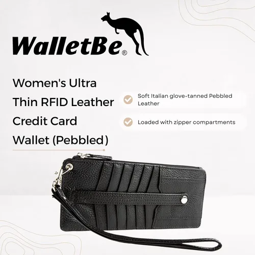 Vista 2 de WalletBe Cartera de piel ultrafina RFID para tarjetas de crédito para mujer, Negro -, Classic