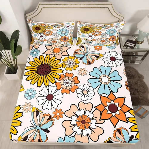 Vista 4 de Feelyou Juego de sábanas de flores hippie retro, tamaño individual, juego de sábanas de mariposa para niños y adolescentes, decoración de los años