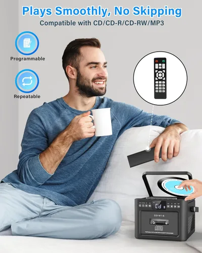 Vista 11 de Greadio Boombox - Combo de reproductor de CD y cassette, reproductor de CD recargable de 5000 mAh con Bluetooth de recepción/transmisión/radio