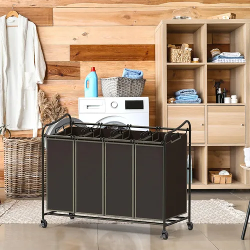 Vista 2 de Simple Houseware - Carrito rodante clasificador de ropa sucia con 4 bolsas, color marrón
