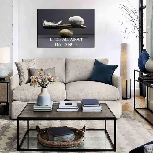 Vista 2 de Biuteawal Arte de pared motivacional zen, impresión en lienzo blanco y negro, piedras de equilibrio con plumas, pintura inspiradora, arte enmarcado