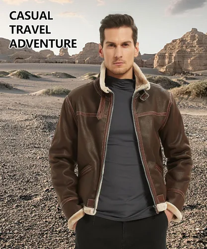 Vista 6 de HOTIME Chaqueta de bombardero de cosplay para hombre, disfraz de anime, cuello alto, abrigo de piel sintética (marrón, XS-3XL)