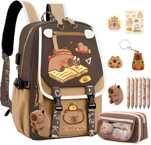 Vista 9 de Mochila impermeable de Capybara, mochila Kawaii de gran capacidad con 11 piezas de accesorios, Grande