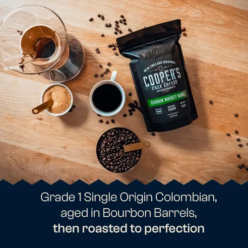 Vista 4 de Café envejecido en barril de whisky bourbon – tostado medio oscuro – Grano entero, granos colombianos envejecidos en barriles de whisky bourbon