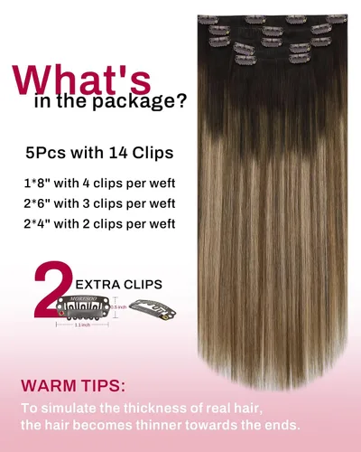 Vista 3 de Moresoo Extensiones de cabello humano con clip, balayage, color marrón oscuro a marrón dorado con clip, extensiones de cabello humano con clip, 5