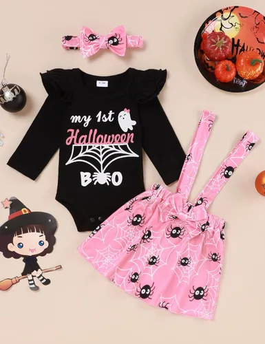 Vista 2 de Conjunto de ropa de Halloween para recién nacido, con volantes, tirantes, calabaza, murciélago, fantasma, falda con diadema