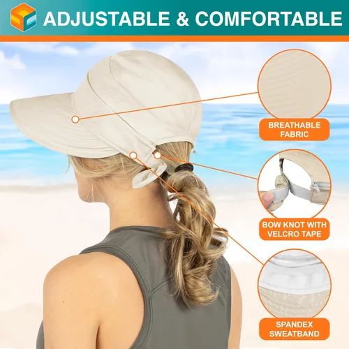 Vista 34 de SUN CUBE Sombrero de sol para mujer para protección UV al aire libre, sombrero de sol de ala ancha, cola de caballo, sombrero de playa convertible