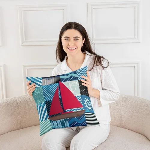 Vista 2 de Funda de almohada con temática oceánica de 22 x 22 pulgadas, funda de almohada roja náutica para sala de estar, funda de cojín geométrica de rayas