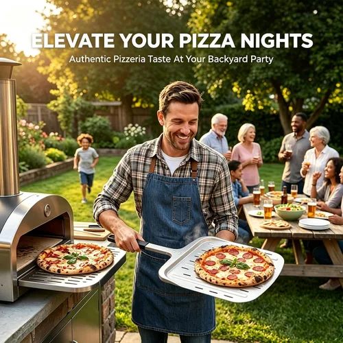 Vista 4 de Pala de pizza de 12 pulgadas, pala grande de aluminio para pizza con mango ergonómico largo y superficie antiadherente perforada, accesorios
