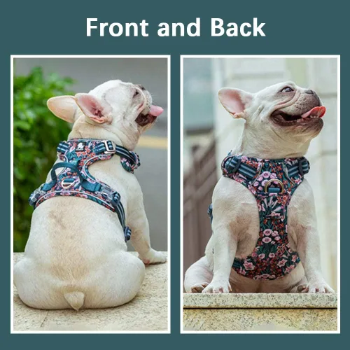 Vista 2 de La La Pet® Arnés para perro sin tirones con clip frontal, arnés reflectante para perro con asa, chaleco acolchado de neopreno floral para cachorros