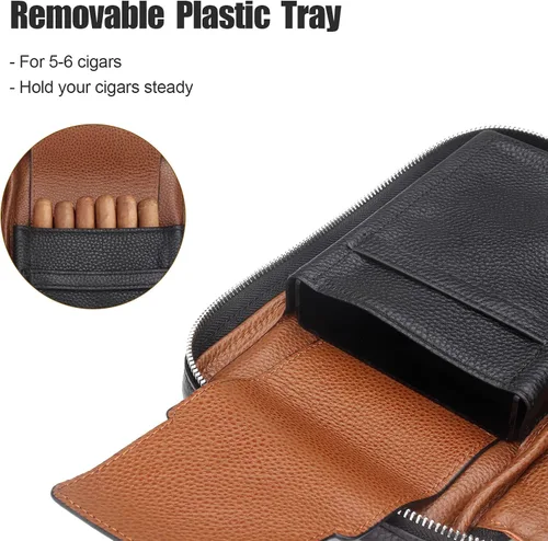Vista 3 de FIREDOG Bolsa de cigarros, de cuero genuino, portátil, caja de cigarros para el día del padre, hombres, marido (capacidad para 5-6 puros, negro)