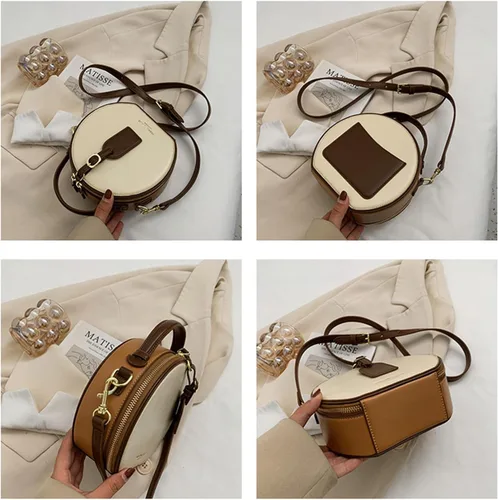 Vista 3 de Bolso redondo de cuero occidental para mujer, bolso redondo retro con asa superior con correa
