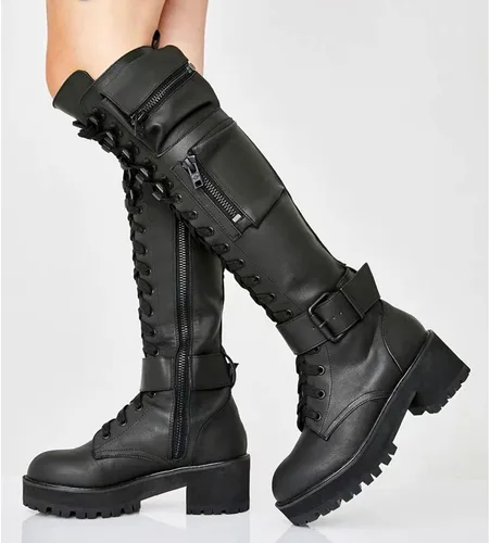 Vista 6 de VNWOREFL Botas de tacón bajo para mujer con suela gruesa con cierre de encaje decoración de otoño e invierno