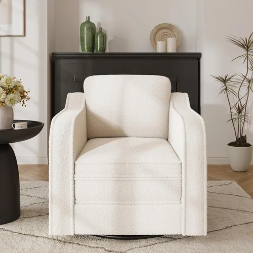 Vista 7 de FiveWillowise Silla giratoria decorativa para sala de estar, sillón tapizado de 30 pulgadas en barril, cómodo sillón moderno individual para Blanco