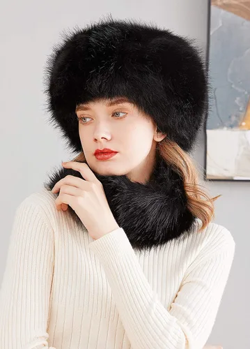 Vista 3 de Lovful Sombrero estilo cosaco ruso de piel sintética para mujer, conjunto de bufanda para mujer