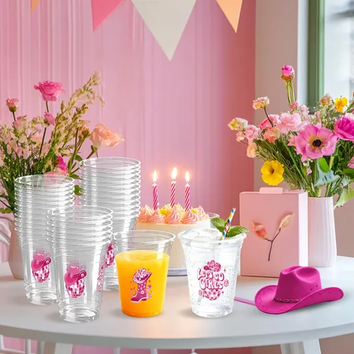 Vista 4 de 100 Piezas Vasos de Plástico Rosa Fiesta Vaquera Occidental 12 OZ Vasos Desechables Disco, Diseños de Sombrero Vaquero, Bota y Bola Disco
