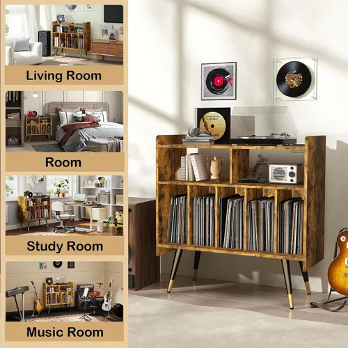 Vista 6 de Brown Record Player Stand: Vinyl Record Player Stand with Storage, Turntables for Vinyl Records, Modern Media Console, Album Display Shelf with USB