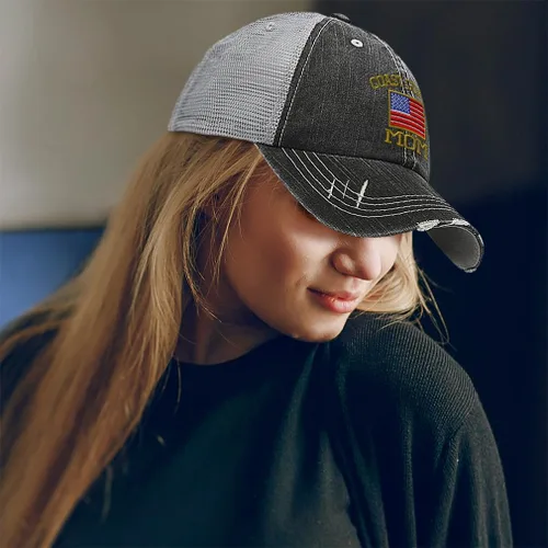 Vista 2 de Soft Mesh Cap Hat Embroidered American Flag Coast Guard Mom Embroidery Distressed Vintage Cap Cotton Solo diseño negro y gris