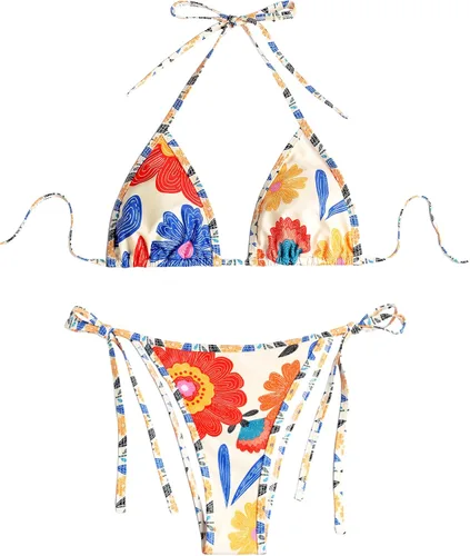 Vista 23 de ZAFUL Bikinis triangulares estampados para mujer, 2 piezas, bikini halter, traje de baño de corte alto, traje de baño con lazo lateral 0-negro a