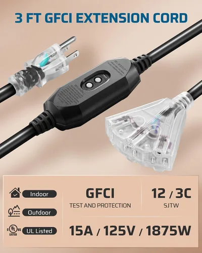 Vista 2 de DEWENWILS - Cable de extensión GFCI de reinicio manual de 3 pies para exteriores, con certificación UL 12/3 Gauge Extension Cord, 15A 125V, LED