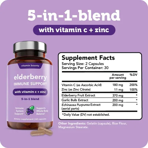 Vista 2 de Vitamin Bounty Cápsulas orgánicas de saúco – Sambucus saúco con vitamina C y zinc – Potenciadores del sistema inmunológico para adultos – Fórmula