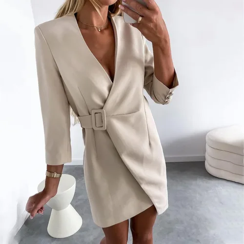 Vista 2 de Vestido elegante para mujer, para negocios, oficina, trabajo, cuello en V, solapa, vestido ajustado de manga larga, vestido de doble botonadura