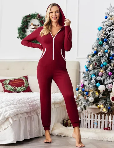 Vista 4 de Ekouaer Pijama de Navidad con capucha para mujer, manga larga, con cremallera, ropa de dormir novedosa
