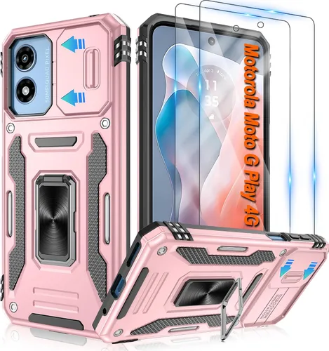 Vista 96 de Atump Funda para Motorola Moto G Play 2024 (4G) con [paquete de 2] protector de pantalla HD y cubierta para cámara deslizante, soporte de anillo