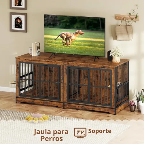 Vista 7 de Rovibek 78 Mueble Jaula Doble para Perros para 2 Perros Grandes de Interior, Muebles de Madera Jaulas para Perros con Cuenco para Perros, Mueble